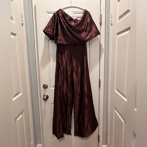 Elegant Asymmetrical Neck Floor Length Satin Jumpsuit